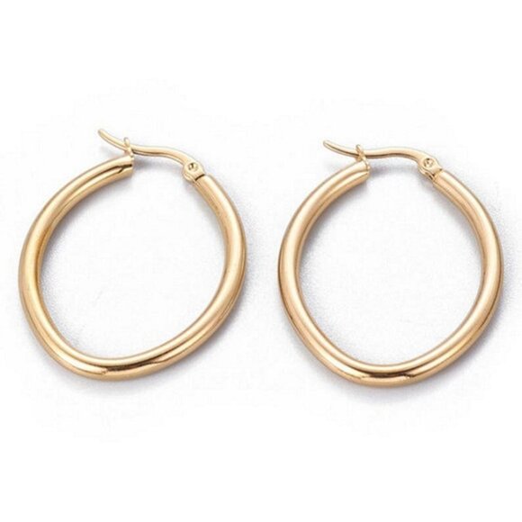 1 1/2 Inch 38mm Hoop Gold Pierced Post Earrings 3mm Wide Band - Picture 3 of 4